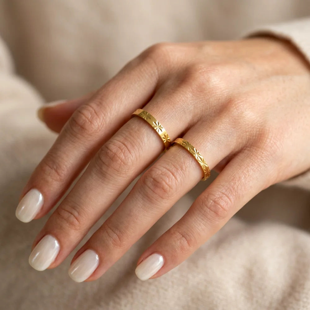 Stainless Steel Rings for Women Golden Stackable Starburst Textured Pattern Minimalist Delicate Finger Tail Joint Jewelry