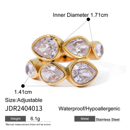 Minimalist 18K Gold Color Plated Stainless Steel Geometric Zircon Flower Ring Stackable Texture Ring Women'S Jewelry