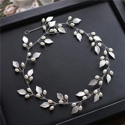 Pearl Flower Headband Tiaras Crowns Girls Silver Gold Color Leaf Headpiece Bridal Hair Jewelry Elegant Wedding Hair Accessories
