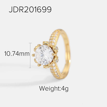 Minimalist 18K Gold Color Plated Stainless Steel Geometric Zircon Flower Ring Stackable Texture Ring Women'S Jewelry
