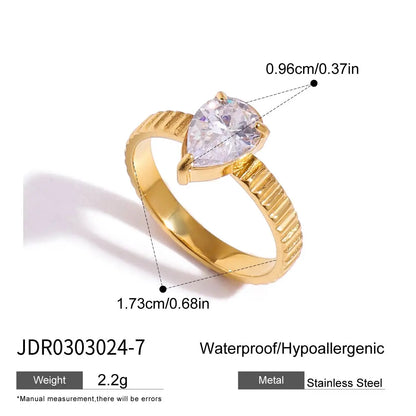 Minimalist 18K Gold Color Plated Stainless Steel Geometric Zircon Flower Ring Stackable Texture Ring Women'S Jewelry