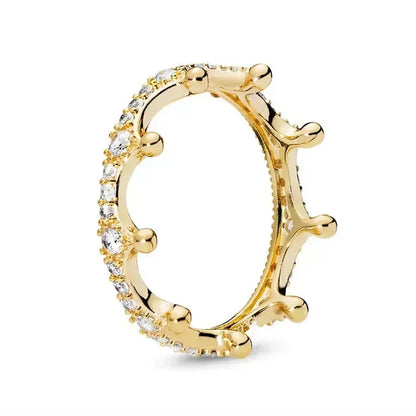 Hot Selling 925 Sterling Silver Exquisite Gold Series Ring, Sparkling Heart-Shaped Crown Ring, Fashionable Charm Jewelry Gift