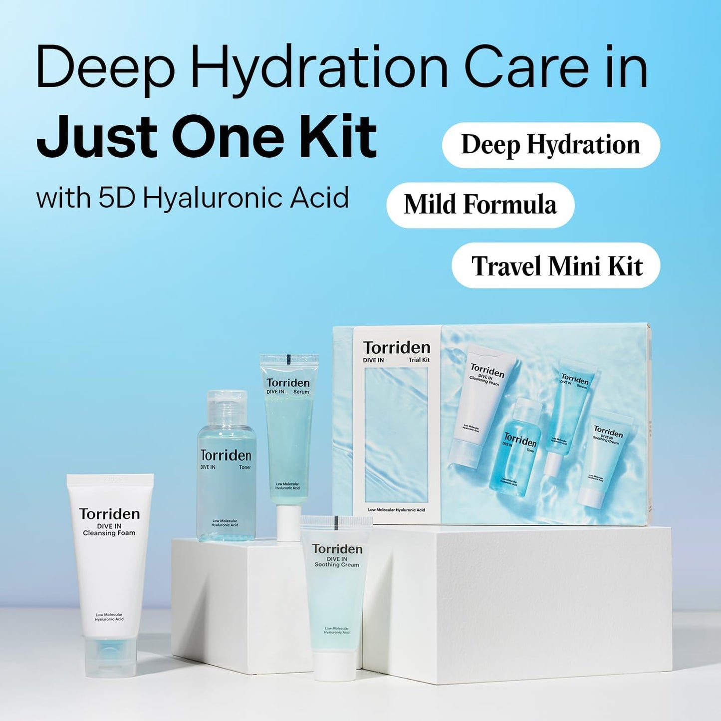 DIVE in Sample Set | Daily Skin Care Set with Hyaluronic Acid - 4-Step Care Routine with Cleansing Foam, Facial Toner, Serum and Cream | Korean Skincare Set