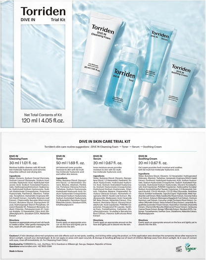 DIVE in Sample Set | Daily Skin Care Set with Hyaluronic Acid - 4-Step Care Routine with Cleansing Foam, Facial Toner, Serum and Cream | Korean Skincare Set