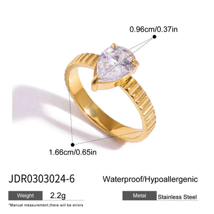 Minimalist 18K Gold Color Plated Stainless Steel Geometric Zircon Flower Ring Stackable Texture Ring Women'S Jewelry