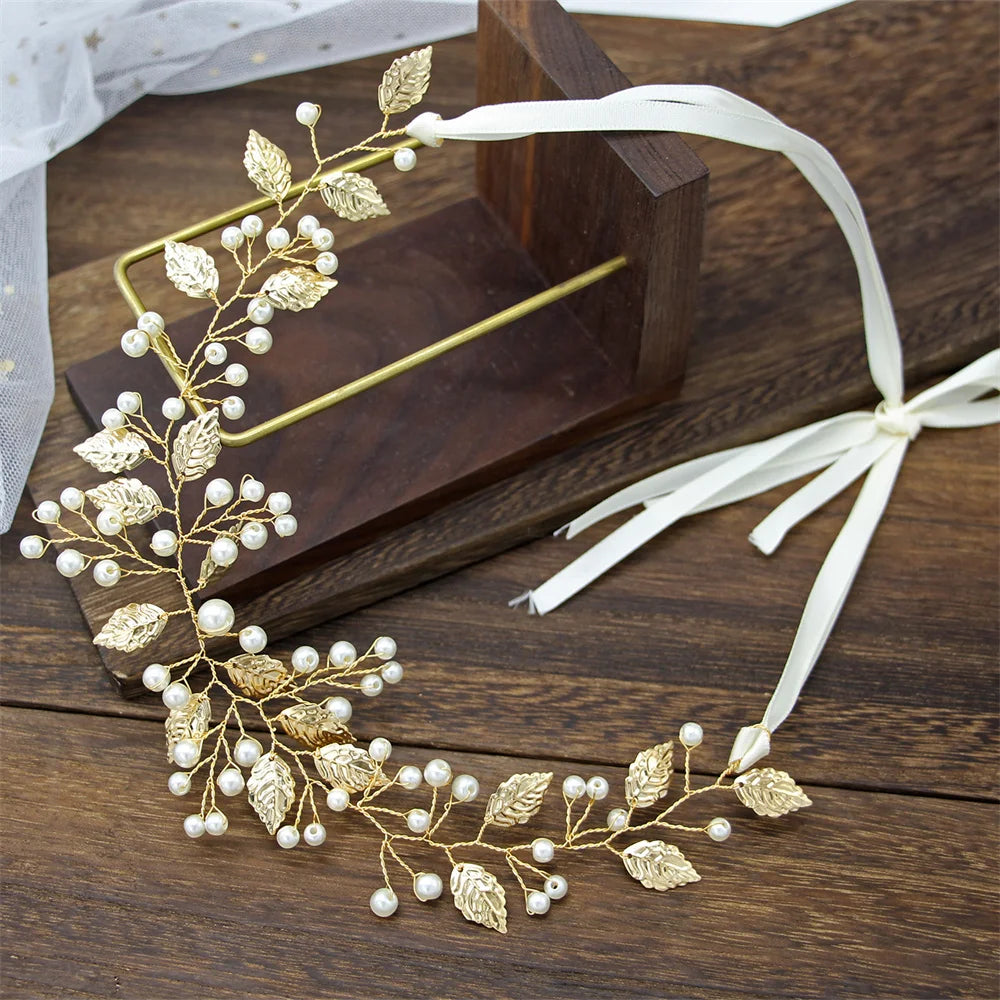 Pearl Flower Headband Tiaras Crowns Girls Silver Gold Color Leaf Headpiece Bridal Hair Jewelry Elegant Wedding Hair Accessories