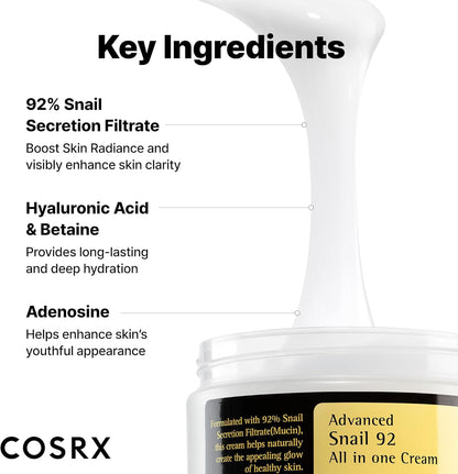 Advanced Snail 92 All in One Cream 100G, Facial Gel Moisturiser | for Dry, Sensitive and anti Ageing Skin, Daily Soothing Hydrating Moisturising Cream, Korean Skincare