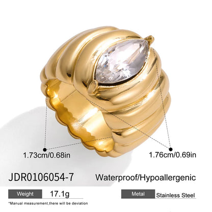Minimalist 18K Gold Color Plated Stainless Steel Geometric Zircon Flower Ring Stackable Texture Ring Women'S Jewelry