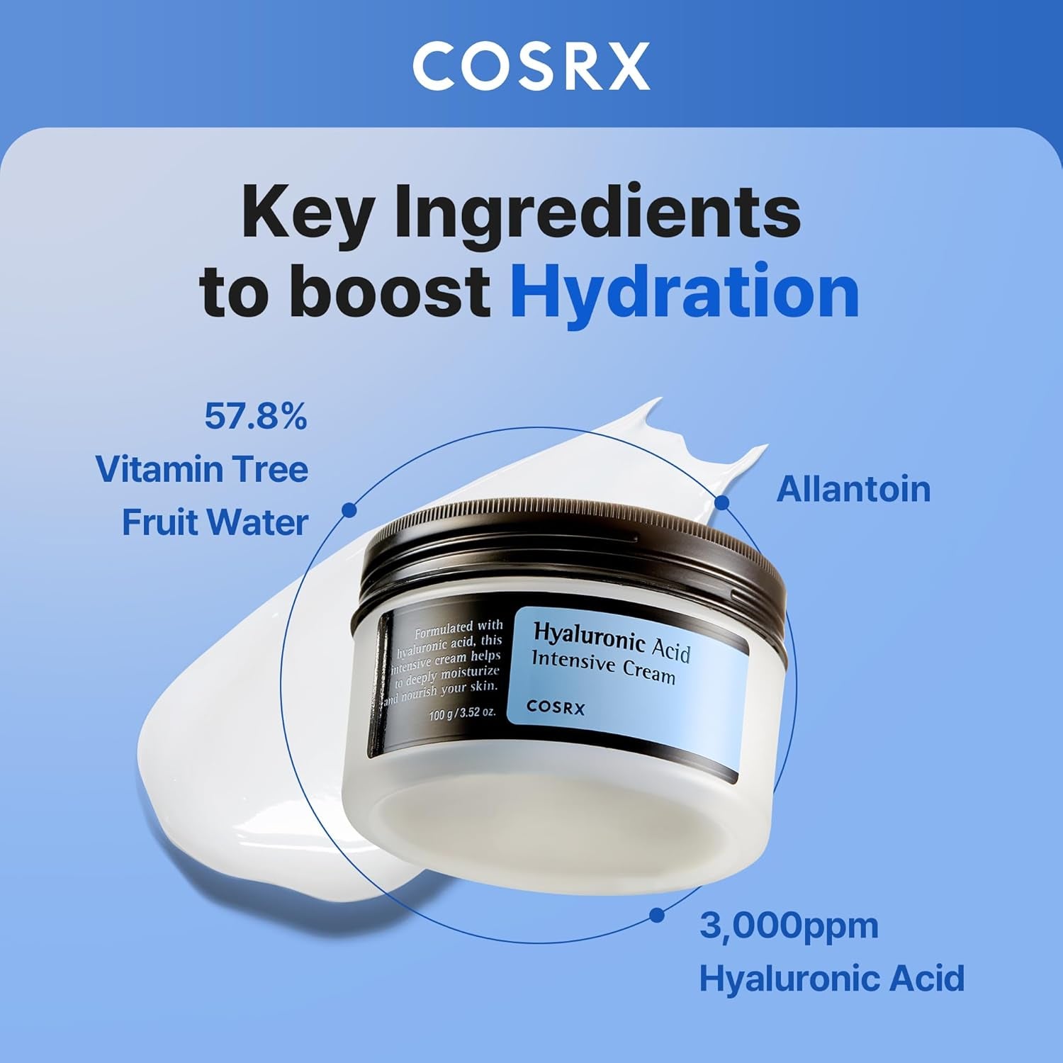 Hyaluronic Acid Moisturizing Cream, 100G, Long-Lasting Hydration, Rich Moisturizer for Sensitive Skin, Korean Skin Care, Animal Testing Free, Parabens Free