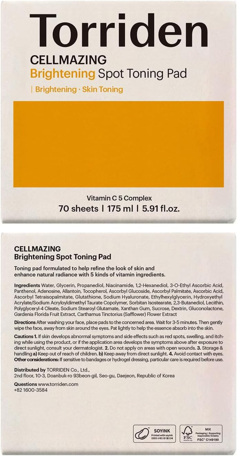 CELLMAZING Vita C Toning Pad (70 Pads) | Daily Exfoliating & Glow Pads for Smooth, Even Skin | 5D Vitamin C, Niacinamide, Glutathione Liposome, PHA | Korean Skin Care