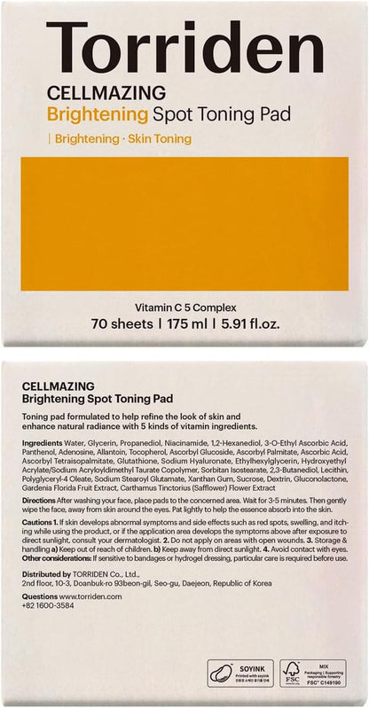 CELLMAZING Vita C Toning Pad (70 Pads) | Daily Exfoliating & Glow Pads for Smooth, Even Skin | 5D Vitamin C, Niacinamide, Glutathione Liposome, PHA | Korean Skin Care