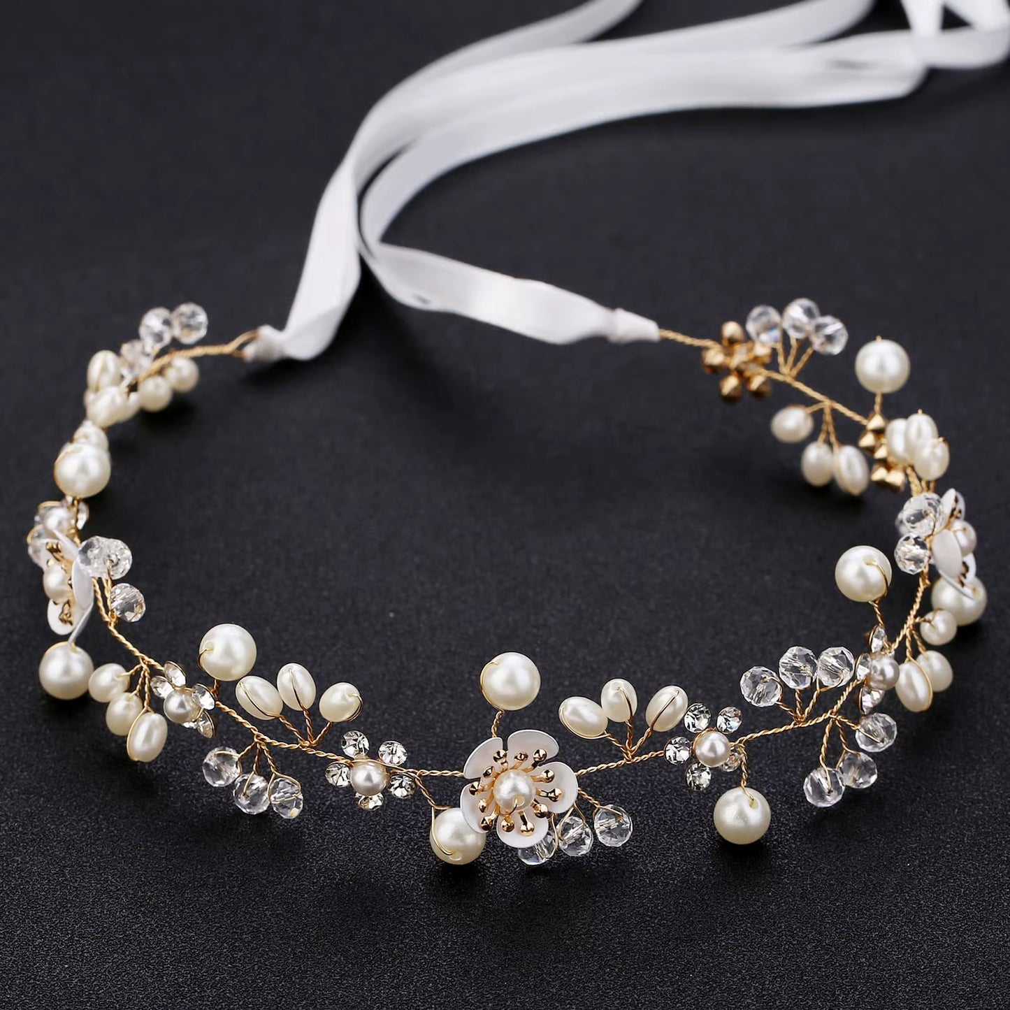 Pearl Flower Headband Tiaras Crowns Girls Silver Gold Color Leaf Headpiece Bridal Hair Jewelry Elegant Wedding Hair Accessories