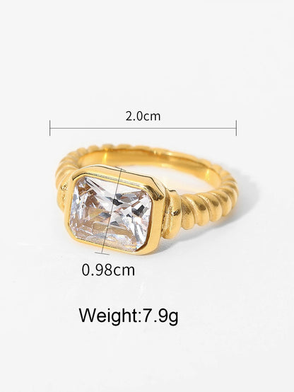 Minimalist 18K Gold Color Plated Stainless Steel Geometric Zircon Flower Ring Stackable Texture Ring Women'S Jewelry