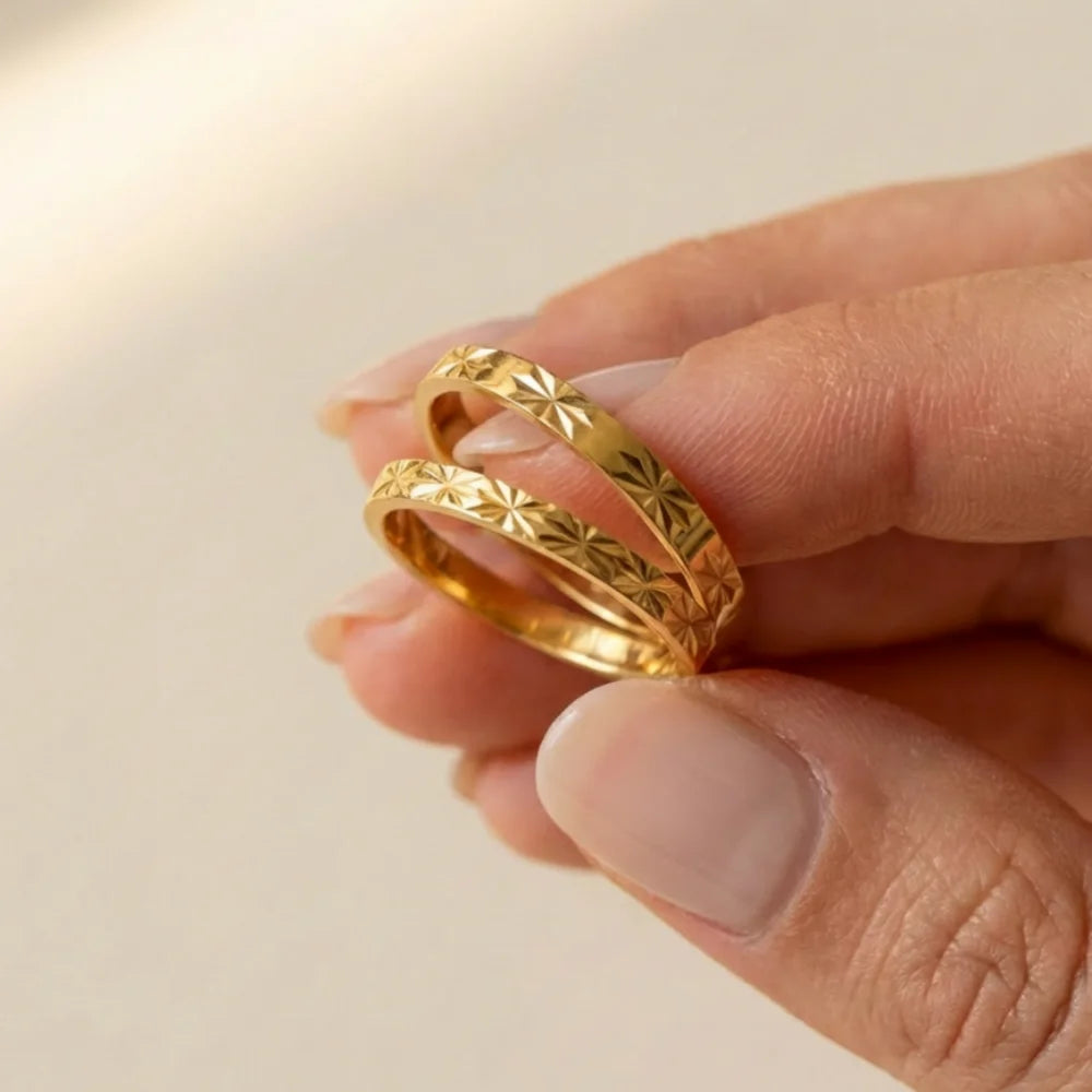 Stainless Steel Rings for Women Golden Stackable Starburst Textured Pattern Minimalist Delicate Finger Tail Joint Jewelry