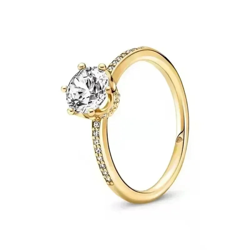 Hot Selling 925 Sterling Silver Exquisite Gold Series Ring, Sparkling Heart-Shaped Crown Ring, Fashionable Charm Jewelry Gift