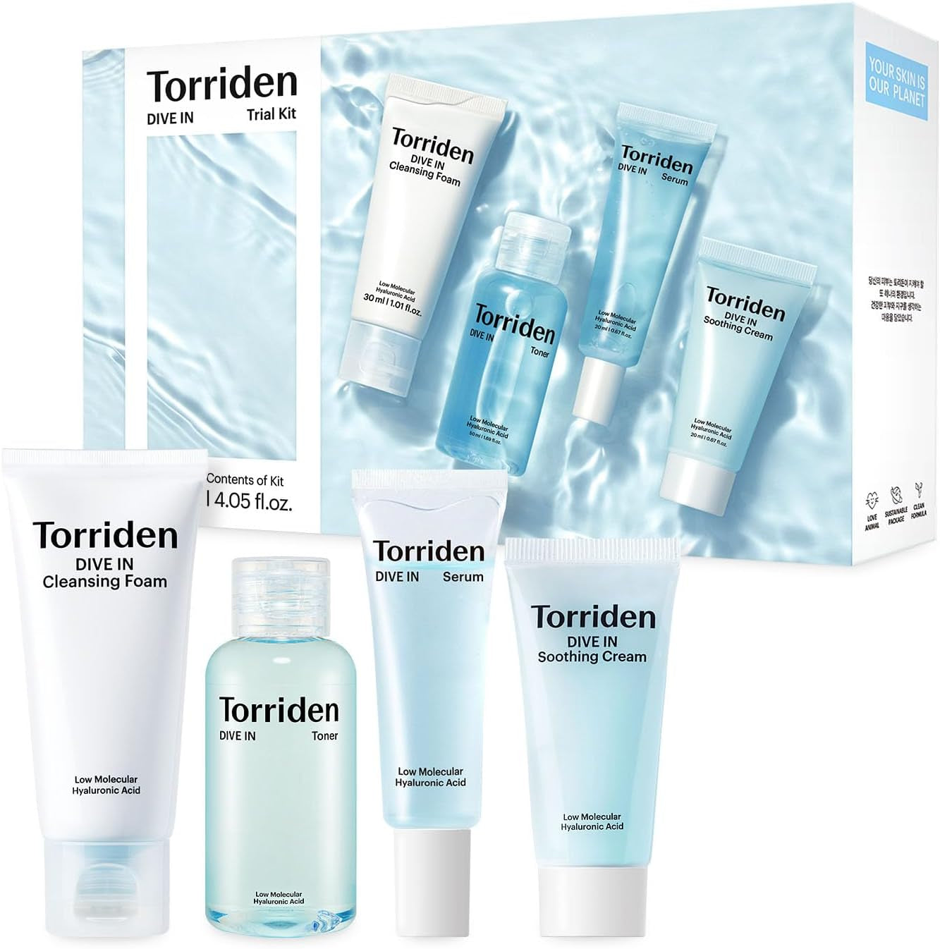 DIVE in Sample Set | Daily Skin Care Set with Hyaluronic Acid - 4-Step Care Routine with Cleansing Foam, Facial Toner, Serum and Cream | Korean Skincare Set
