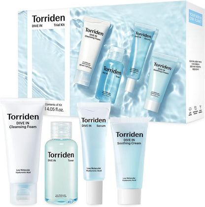 DIVE in Sample Set | Daily Skin Care Set with Hyaluronic Acid - 4-Step Care Routine with Cleansing Foam, Facial Toner, Serum and Cream | Korean Skincare Set