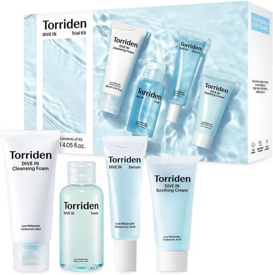 DIVE in Sample Set | Daily Skin Care Set with Hyaluronic Acid - 4-Step Care Routine with Cleansing Foam, Facial Toner, Serum and Cream | Korean Skincare Set