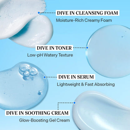DIVE in Sample Set | Daily Skin Care Set with Hyaluronic Acid - 4-Step Care Routine with Cleansing Foam, Facial Toner, Serum and Cream | Korean Skincare Set